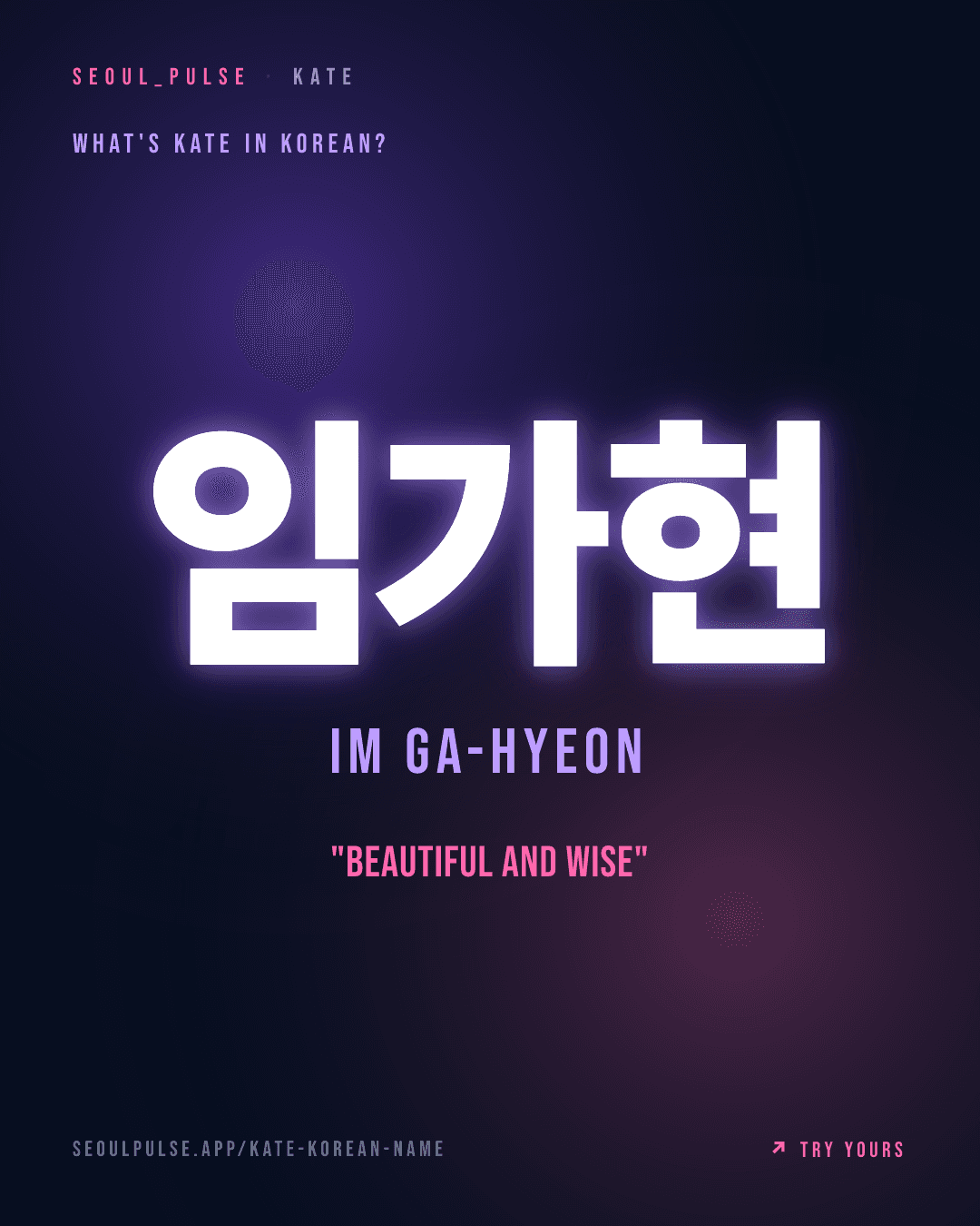 Kate in Korean: 임가현 (Im Ga-Hyeon) — beautiful and wise